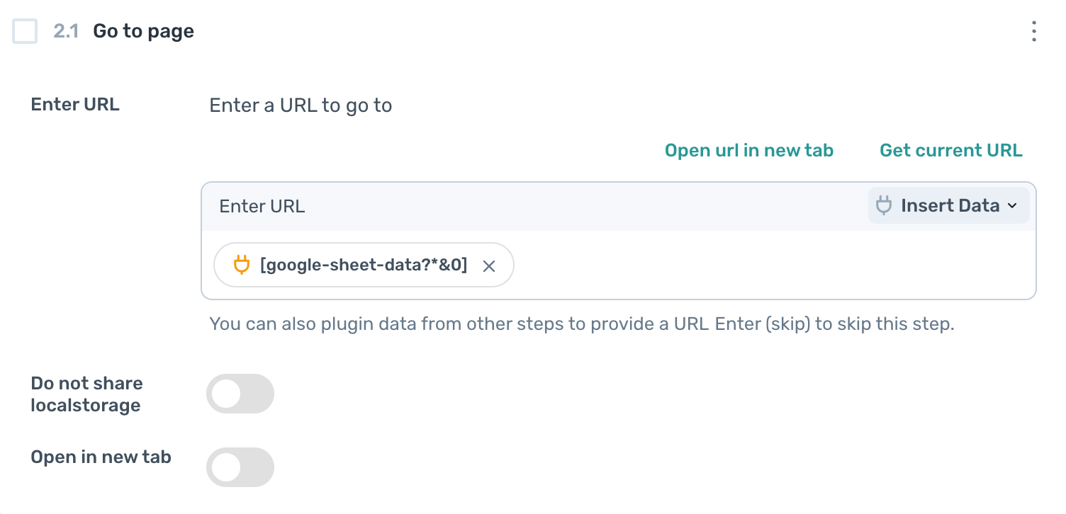 axiom.ai pass data ionto a go to url step