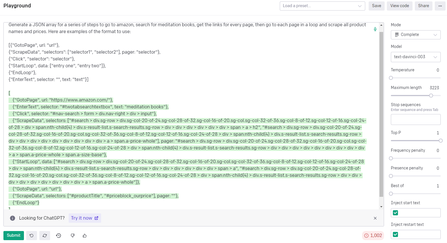 Example of ChatGPT generating automation steps in structured JSON