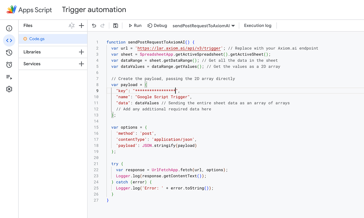 Google App Script trigger axiom.ai bot run with API call