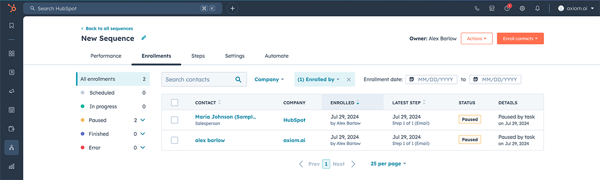 Automate hubspot sequences in the browser with axiom.ai