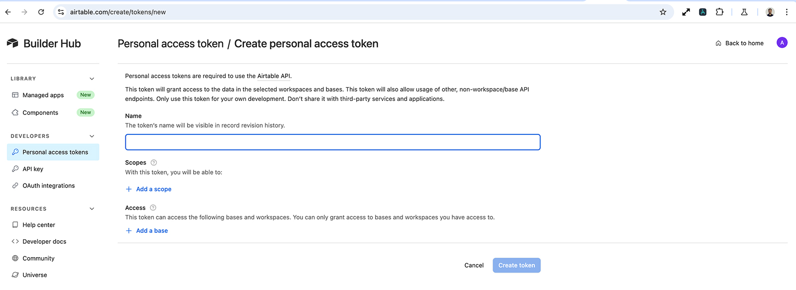 Airtable create access token