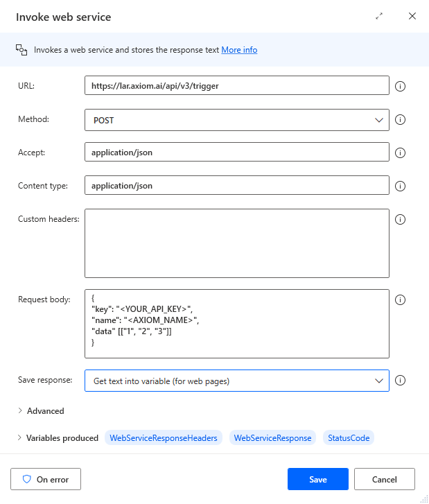 set up invoke web service action in power automate