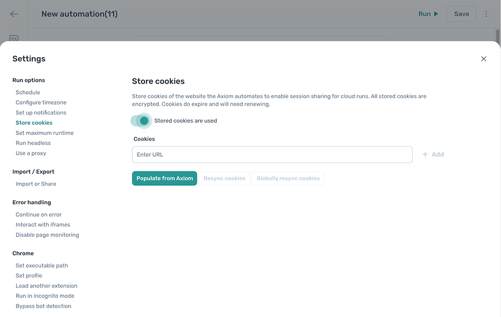 how to store cookies axiom.ai