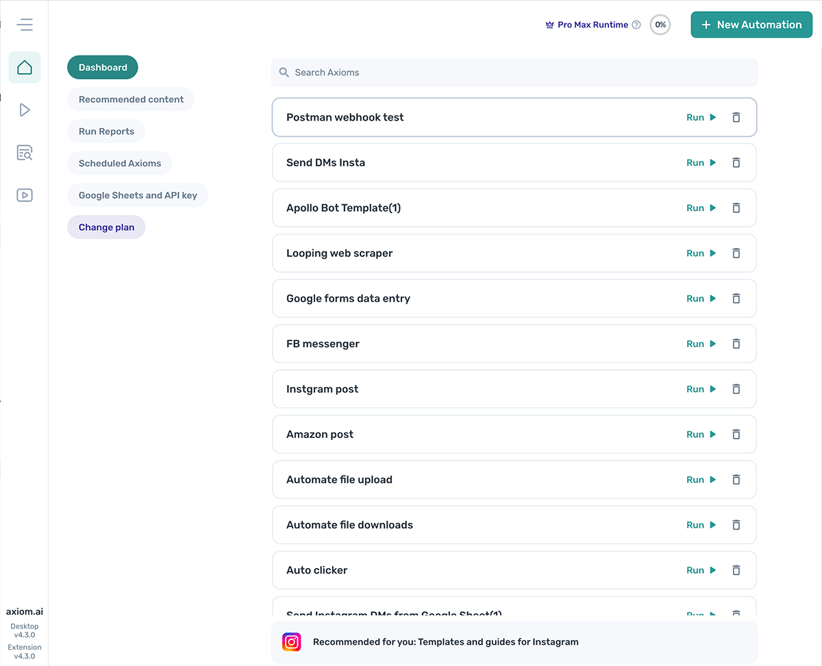 axiom.ai's dashboard overview