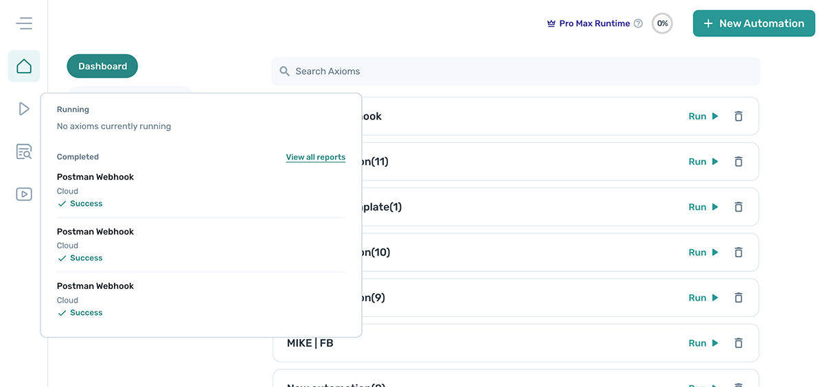 axiom.ai's dashboard run status