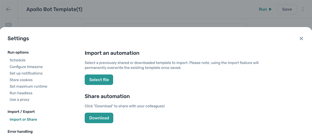 in the axiom.ai builder click on the cog icon to share your automation