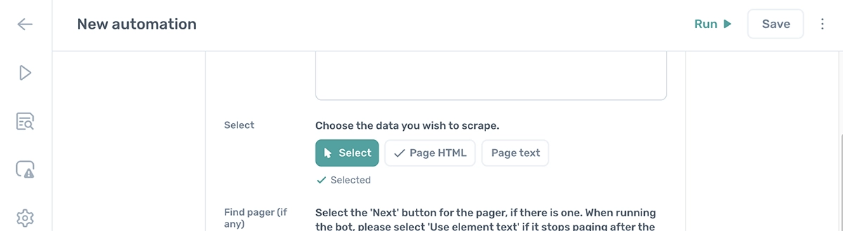 Scrape all HTML or text from the webpage with Axiom.ai's new quick select settings in the get data step.