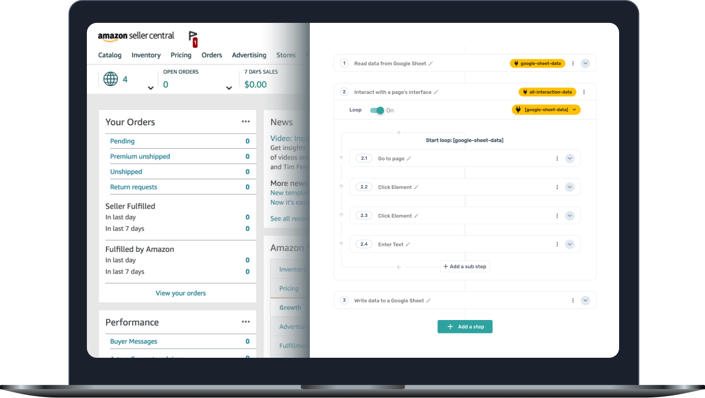 Axiom.ai automating web sites actions on Amazon Seller Central Accounts