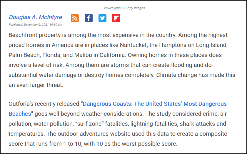 A news article titled 'Dangerous Coasts: The United States' Most Dangerous Beaches' is displayed on a webpage. The article, written by Douglas A. McIntyre and published on December 2, 2021, discusses the risks of owning beachfront property, including weather-related threats and other dangers considered in a study by Outforia. The article includes social media sharing buttons and a byline with the author's name.