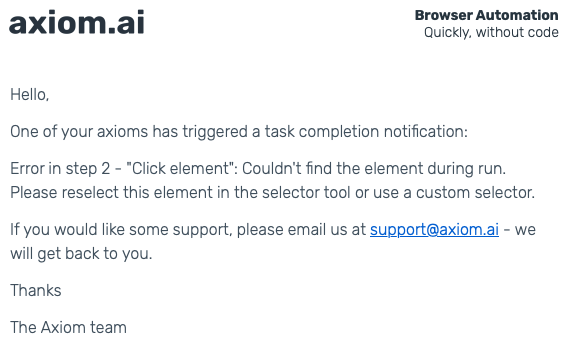 Axiom.ai email notification about a task completion issue. The email states that an automation encountered an error in step 2 ('Click element') because the element could not be found during the run. It advises the user to reselect the element using the selector tool or use a custom selector. The email also provides Axiom.ai's support email (support@axiom.ai) for assistance. The email is signed by 'The Axiom team.'