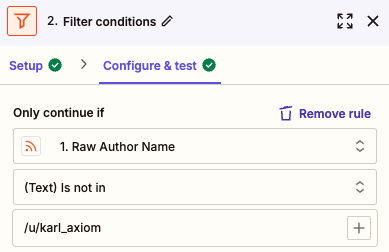 reddit step configuration showing /u/karl_axiom filtered out