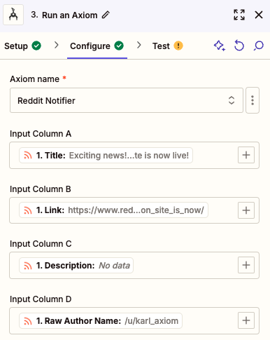 reddit step configuration showing run an axiom configuration