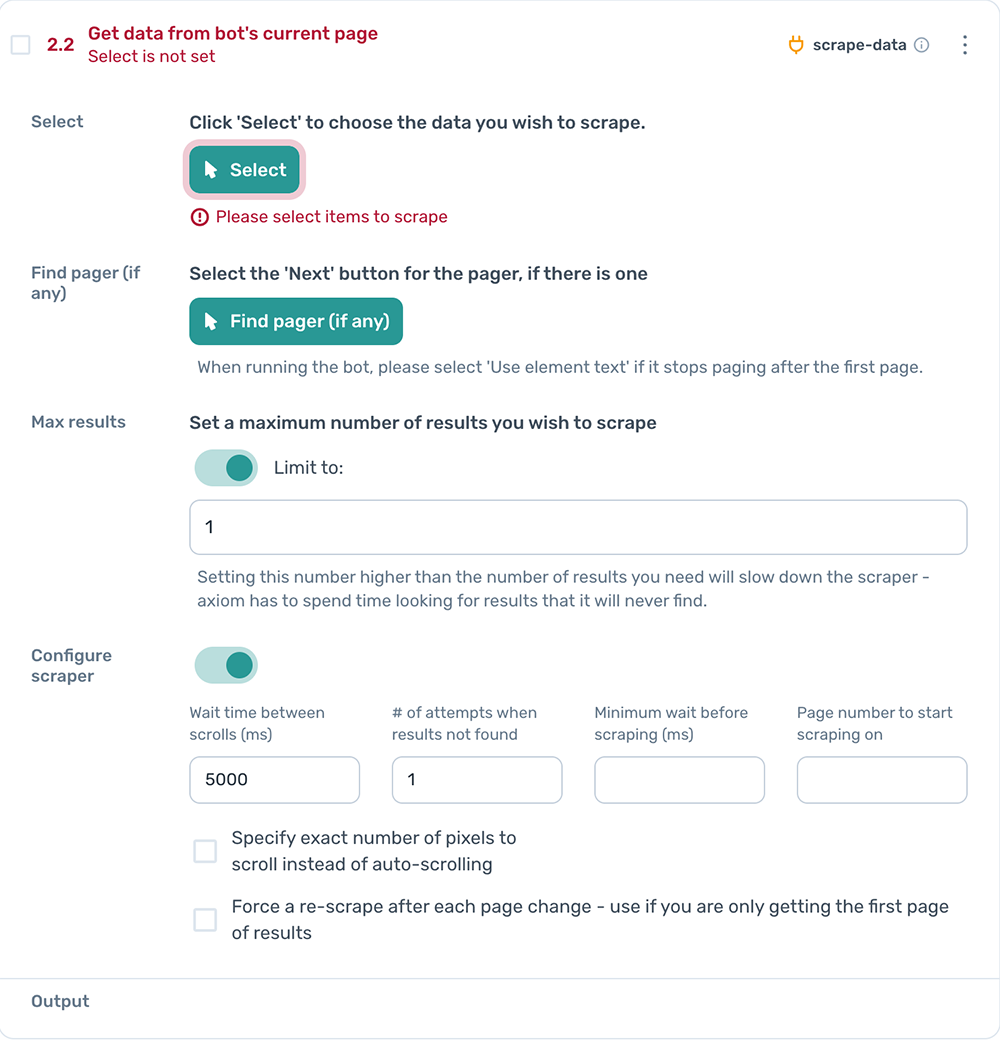 axiom.ai configure the scraper