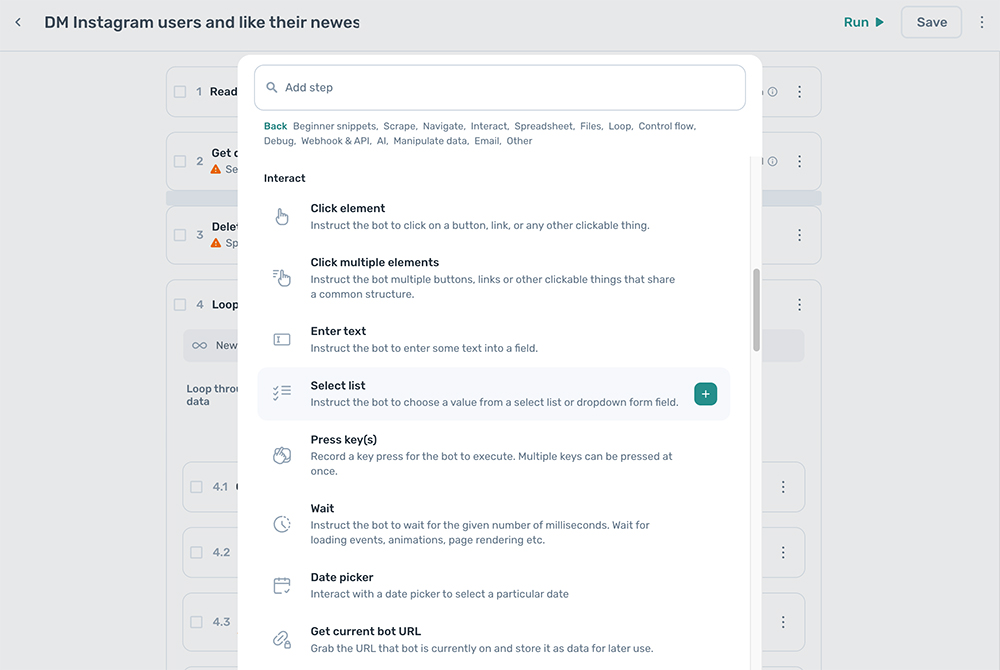 select steps using the step finder in axiom.ai