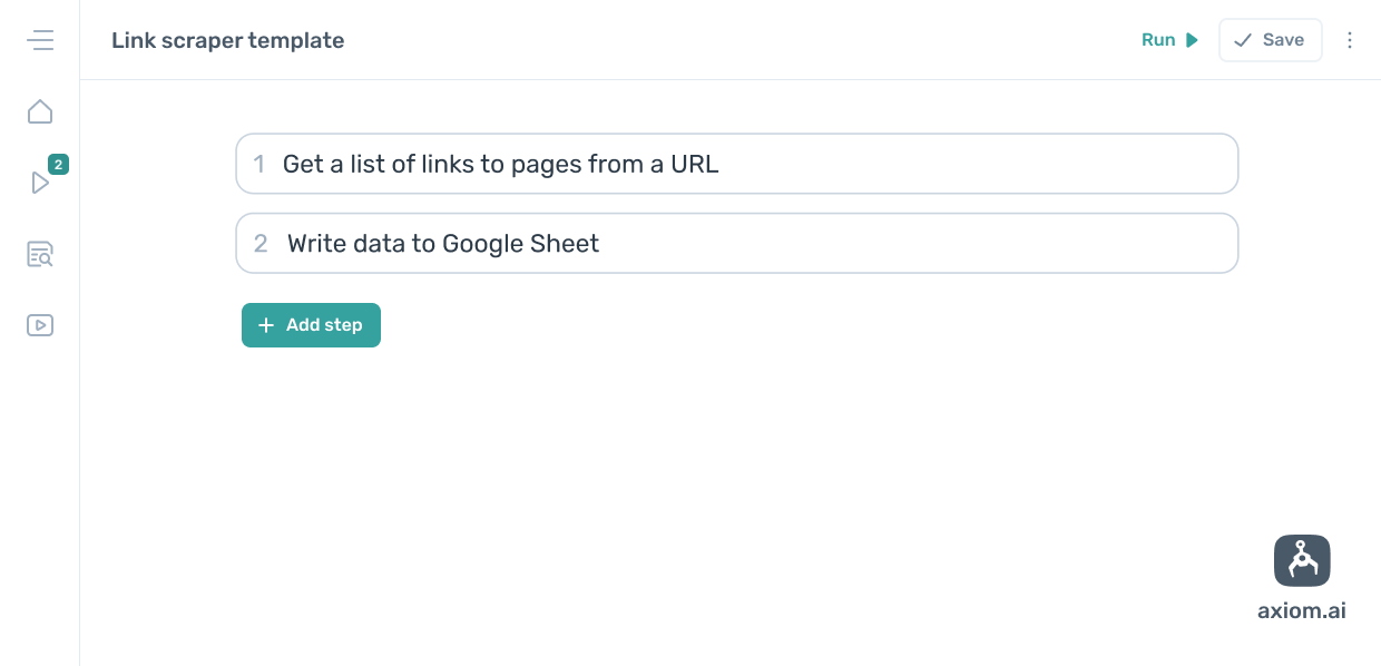 Axiom.ai design pattern for scraping links from listing pages