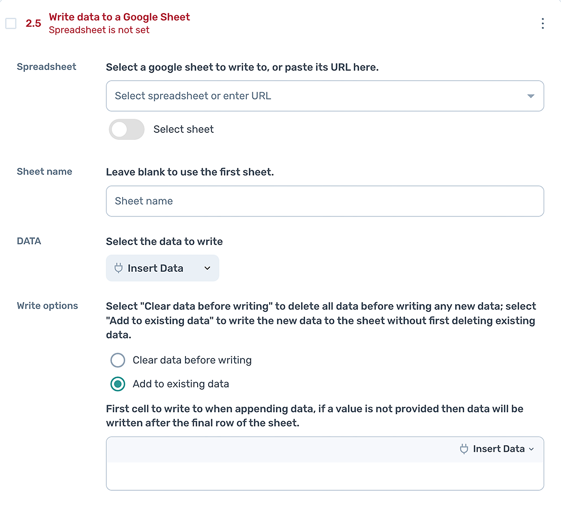 axiom.ai write data to google sheet