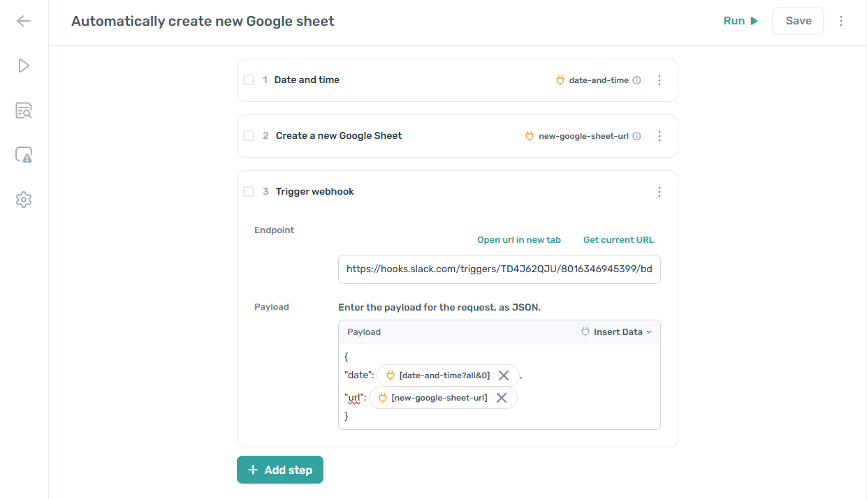 axiom.ai builder showing automation to automatically create new google sheet